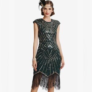 Dear’Gles Black Art Deco Sequin Fringe Flapper Dress - EUC